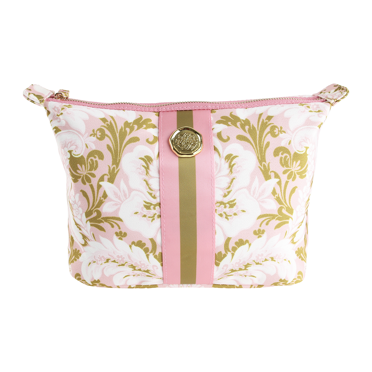 The Pink Damask Large Cosmetic Bag features a pink and gold damask pattern with an elegant zipper closure and round gold emblem at the center—perfect as a stylish travel toiletry bag or floral makeup bag for organizing all your beauty essentials.