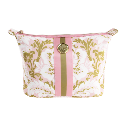The Pink Damask Large Cosmetic Bag features a pink and gold damask pattern with an elegant zipper closure and round gold emblem at the center—perfect as a stylish travel toiletry bag or floral makeup bag for organizing all your beauty essentials.