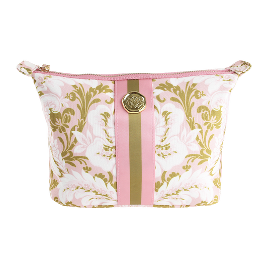 The Pink Damask Large Cosmetic Bag features a pink and gold damask pattern with an elegant zipper closure and round gold emblem at the center—perfect as a stylish travel toiletry bag or floral makeup bag for organizing all your beauty essentials.