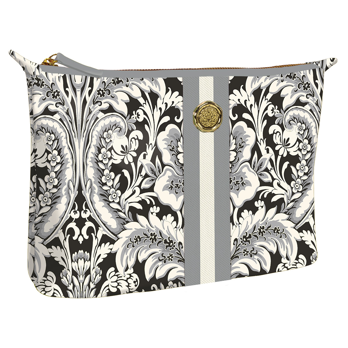 The Damask Noire Large Cosmetic bag is crafted from durable cotton, featuring a black and white floral damask design with a vertical gray stripe and gold emblem, ideal for organizing travel essentials.