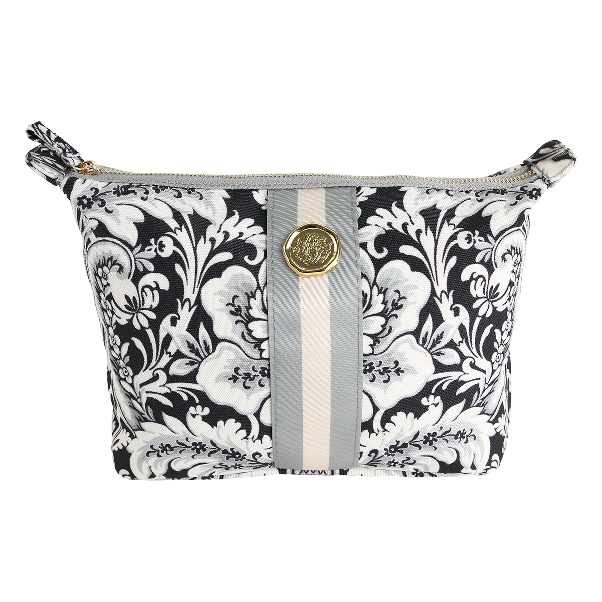 Introducing the Damask Noire Large Cosmetic Bag, featuring a black and white floral damask print with a sophisticated gray and beige vertical stripe and an eye-catching round gold emblem on the front. This elegant travel cosmetic bag is perfect for keeping your essentials organized in style.