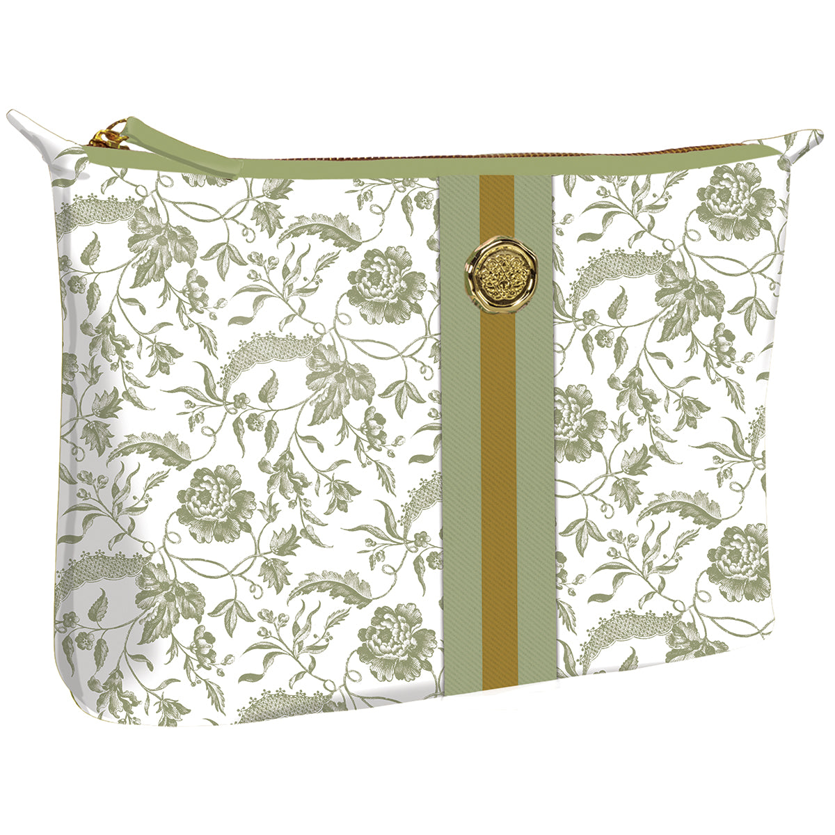 The Green Climbing Rose Large Cosmetic Bag, featuring durable cotton with floral patterns and green-gold stripes, includes a gold circular emblem at the center. It's an ideal travel solution for organizing your essentials.