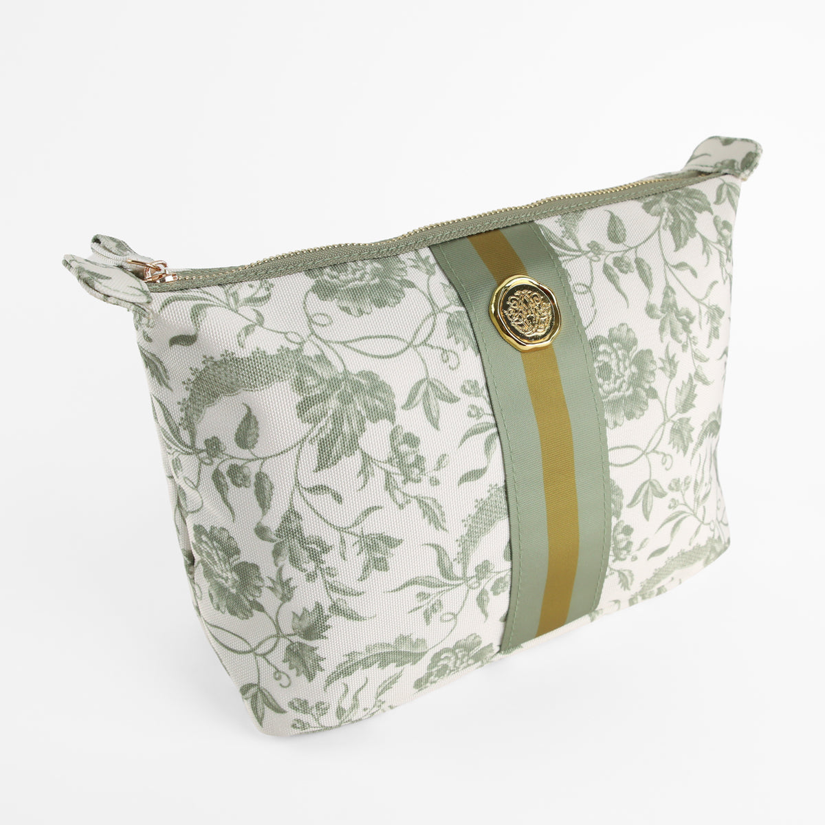 The Green Climbing Rose Large Cosmetic Bag features a zippered closure and showcases a green floral pattern with climbing roses, two vertical green stripes, and a decorative gold emblem at the center.