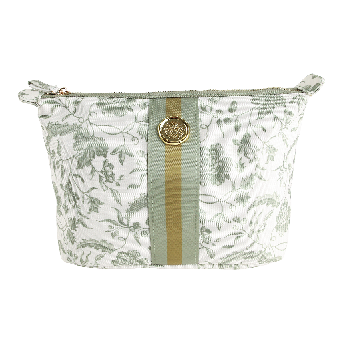 Green Climbing Rose Large Cosmetic Bag featuring a white zippered design, adorned with a light green climbing roses pattern, vertical green ribbon, and a decorative gold button on the front.