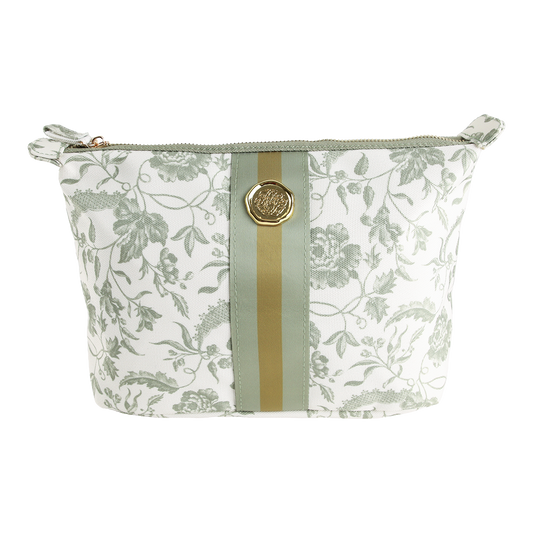 Green Climbing Rose Large Cosmetic Bag featuring a white zippered design, adorned with a light green climbing roses pattern, vertical green ribbon, and a decorative gold button on the front.
