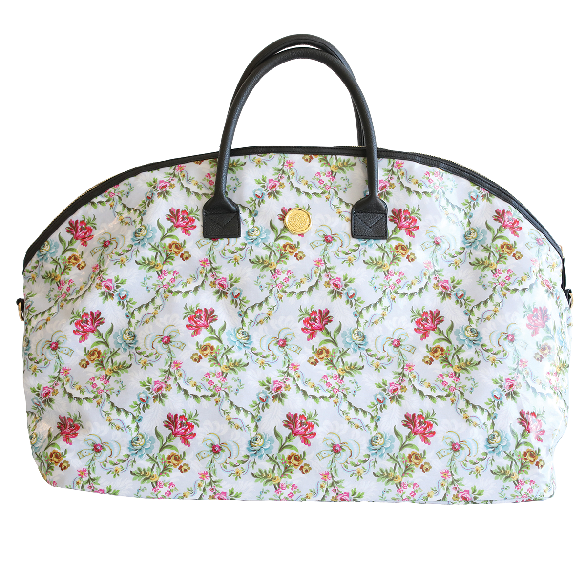 Phoebe Duffle Bag in floral-patterned, dome-shaped handbag with dark handles and a metallic clasp, featuring a nylon interior, isolated on a white background.