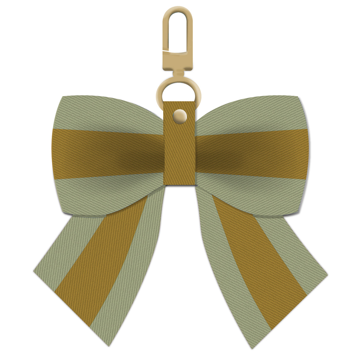 The Green Stripe Bag Charm features a striped green and gold twill bow elegantly attached to a beige metal clip with a top loop, ideal as a bag accessory.