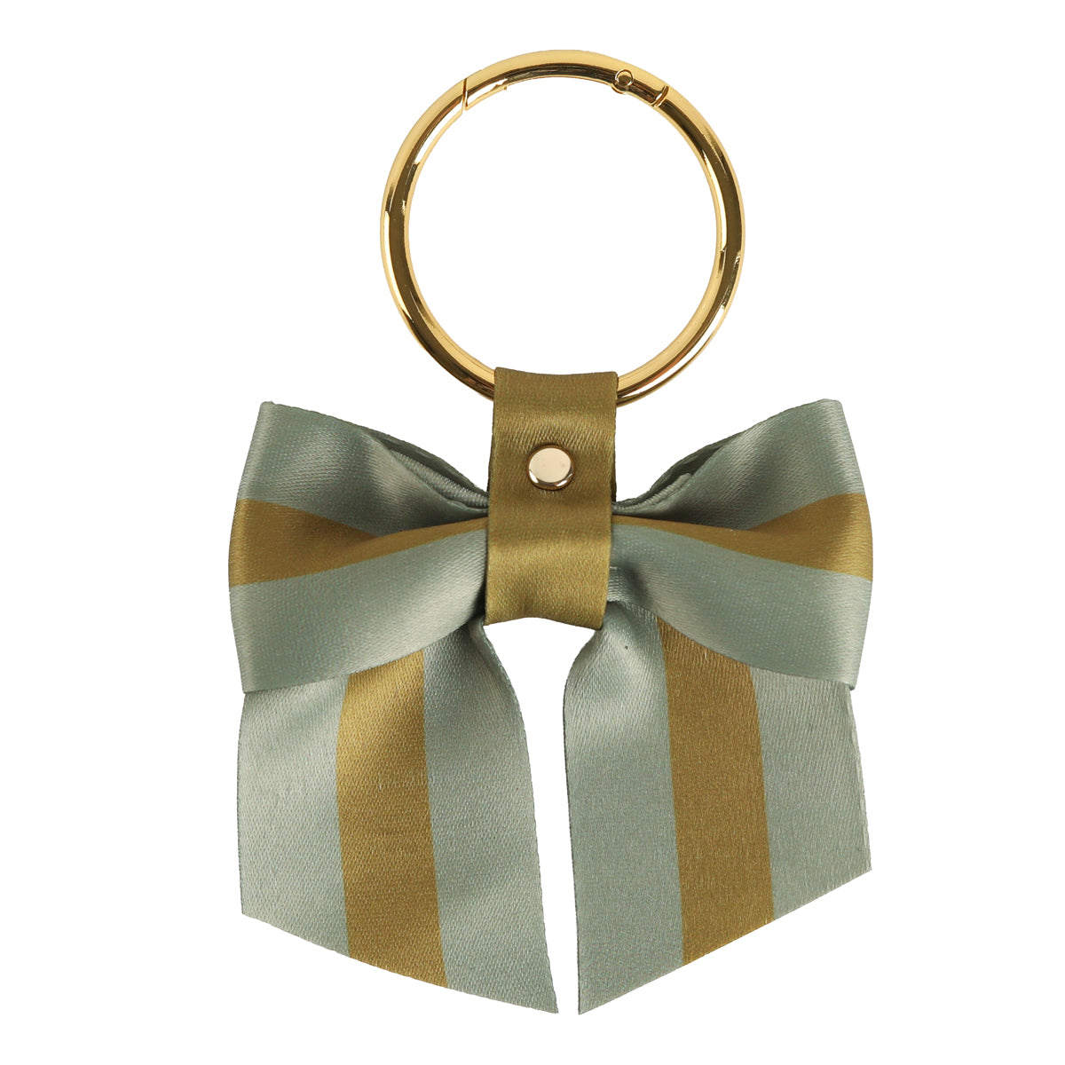 Introducing the Green Stripe Bag Charm—a gold keyring adorned with a satin bow featuring bold light green and gold stripes, accented by a central gold button. This chic accessory is the perfect way to elevate your purse or bag with a touch of sophisticated style.