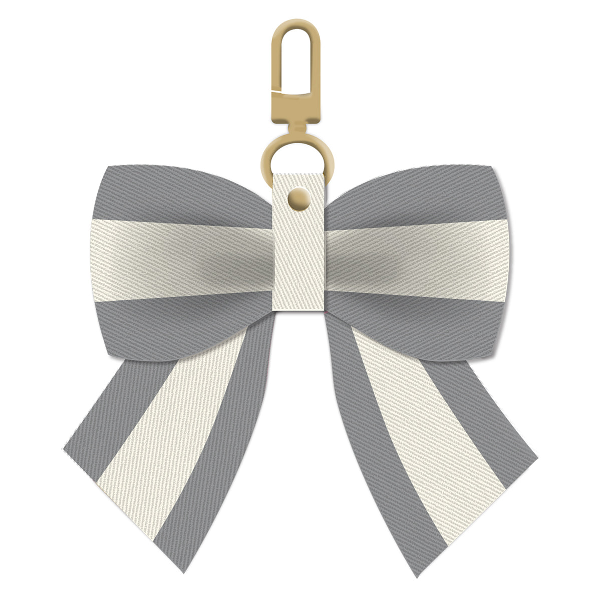 The Gray Stripe Bag Charm features a gray and white striped twill bow with a gold clasp, making it the perfect accessory for any bag.