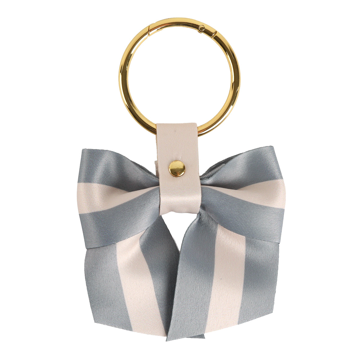 Introducing the Gray Stripe Bag Charm – a stylish women’s keychain featuring a gold ring and a gray and white striped ribbon bow, accented by a white leather strap with a gold stud. It’s the perfect purse charm to elevate any handbag accessory collection.
