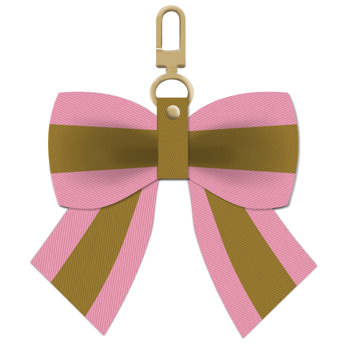 The Pink Stripe Bag Charm is a fashionable accessory with pink and brown stripes, featuring a shiny gold clasp.