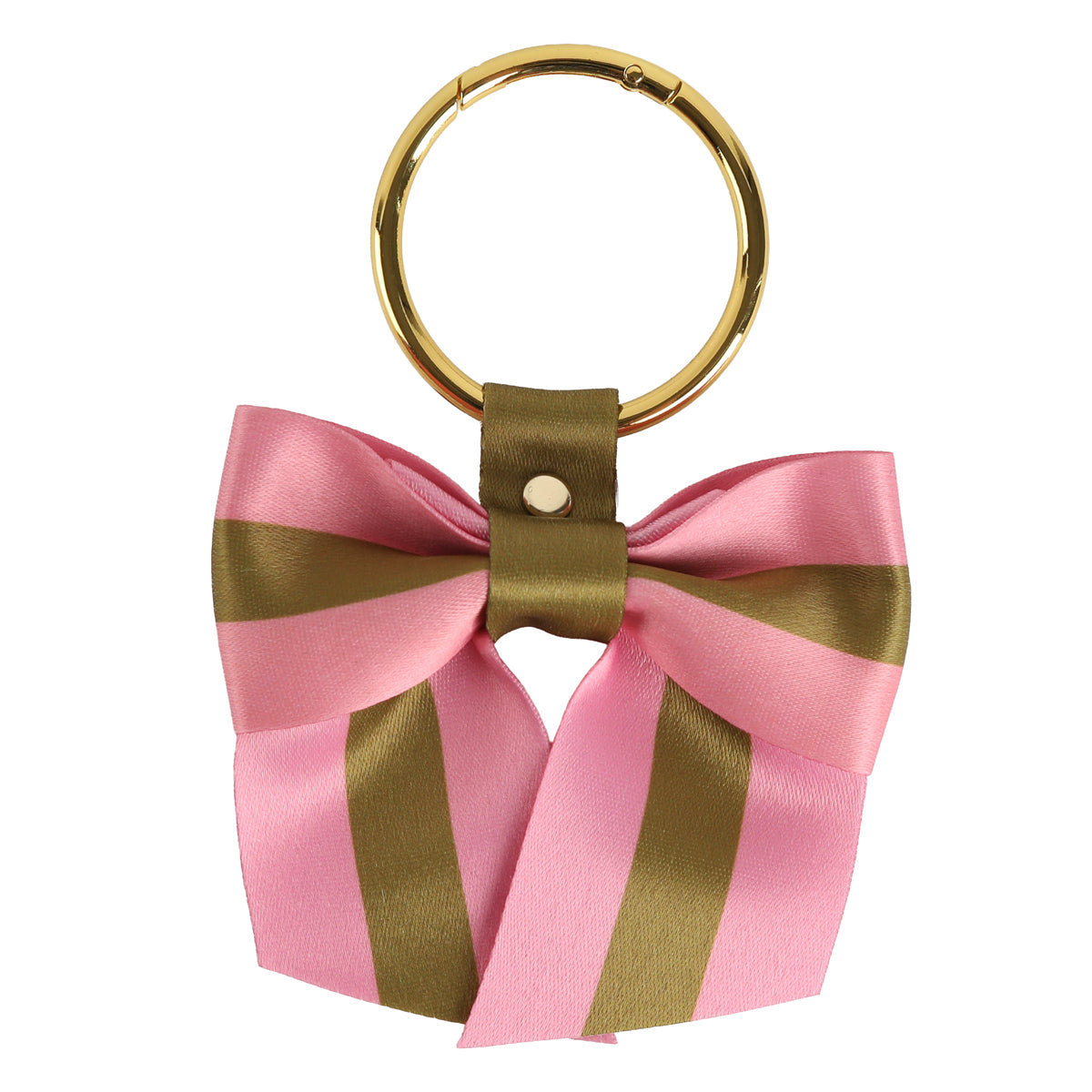 Introducing the Pink Stripe Bag Charm—a gold keyring adorned with a decorative bow crafted from pink and olive green striped ribbon, elegantly secured with an olive-colored band and finished with a chic gold stud. Perfect as a charming accessory for your bag or as a stylish purse charm.