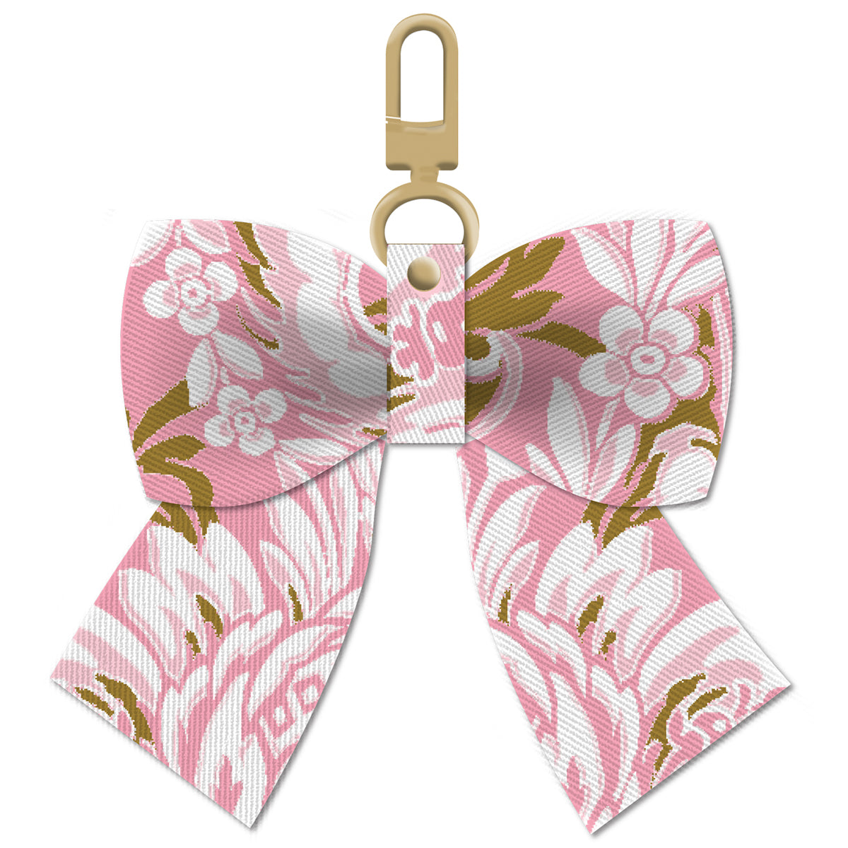 An elegant gold-clasped bow from the Pink Damask Bag Charm, featuring a pink twill adorned with a floral pattern.