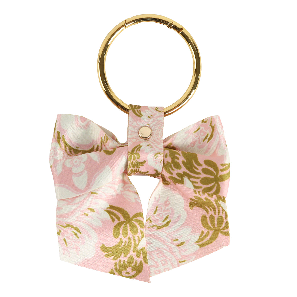 Introducing the Pink Damask Bag Charm—a gold keyring featuring a pink and green damask-patterned fabric bow, elegantly attached with a riveted leather loop. This floral bag charm is the perfect accessory for your purse.