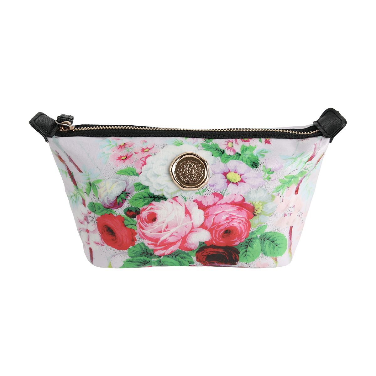 The Lillian Small Cosmetic Bag features a zip-top design with a floral print, black straps, and a central round gold emblem on a white background—perfect for carrying your essentials as a small cosmetic or travel makeup bag.