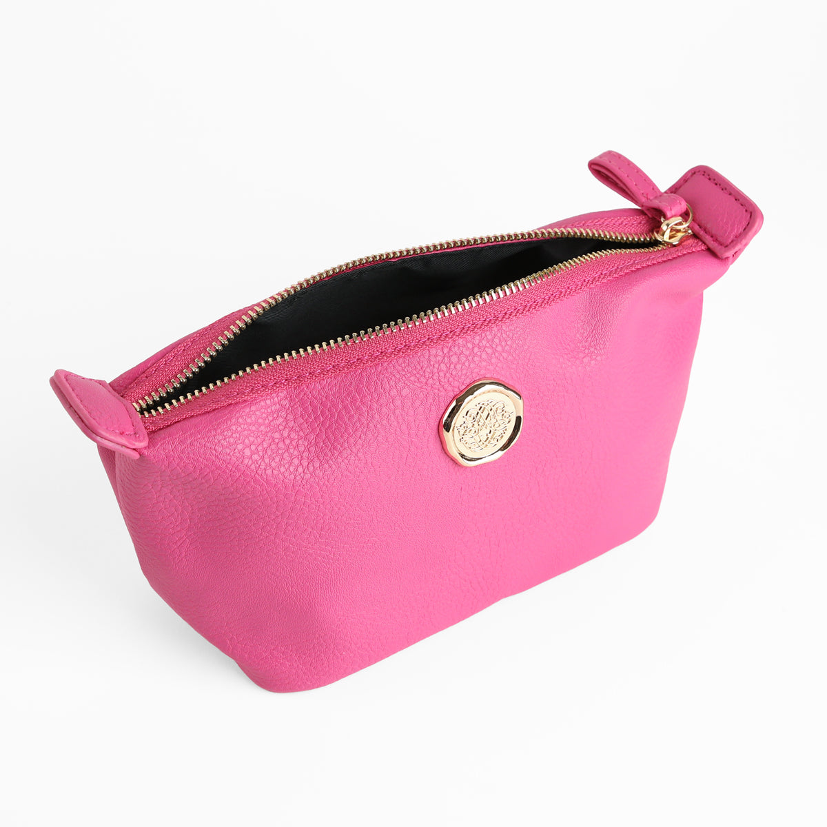 Introducing the Raspberry Pink Small Cosmetic Bag: a chic, raspberry-pink faux leather pouch featuring a gold zipper and decorative gold emblem. Partially unzipped to reveal its sleek black interior, this stylish travel cosmetic bag is perfect for organizing your beauty essentials on the go.