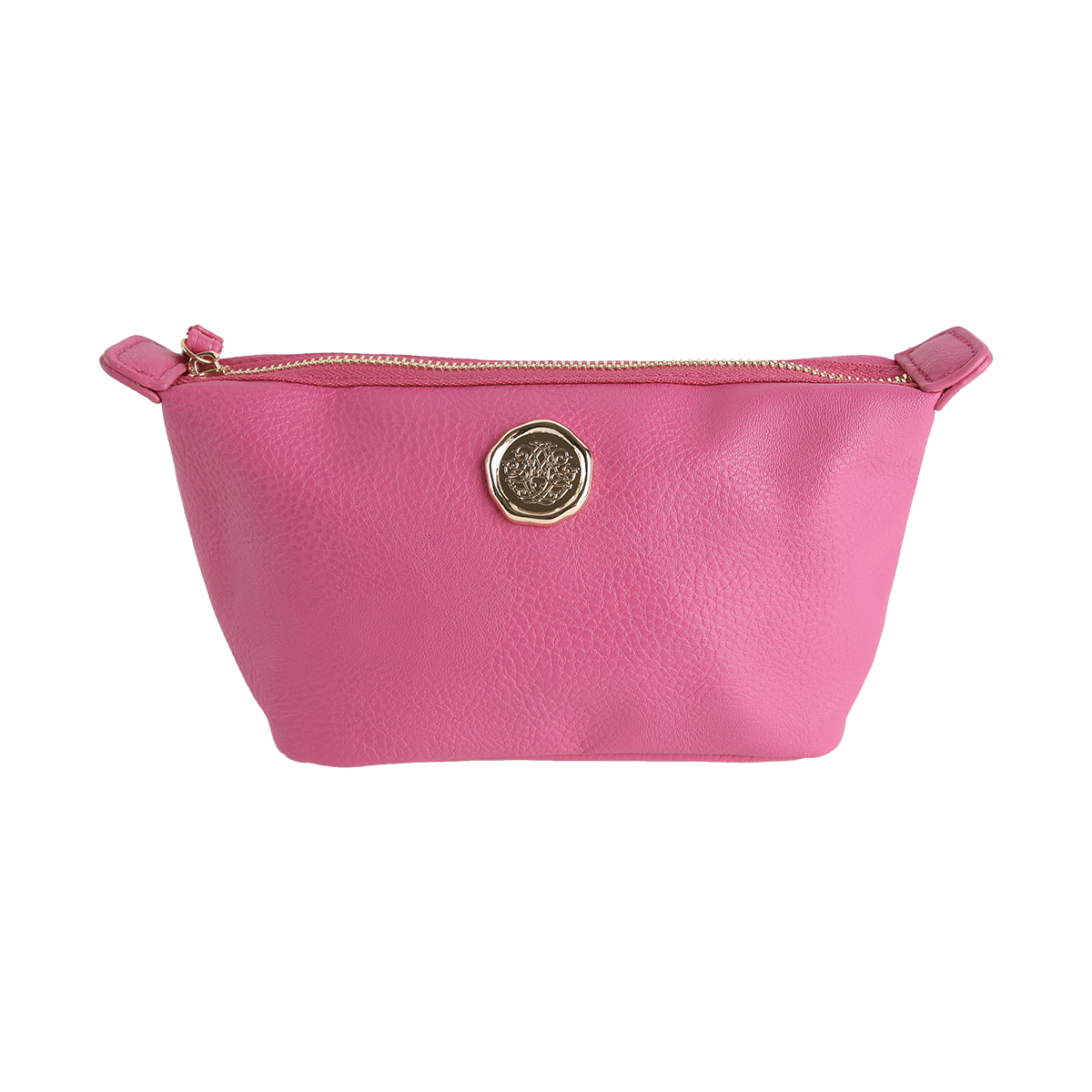 The Raspberry Pink Small Cosmetic Bag, made from faux leather and featuring a gold emblem on the front, is a zippered pouch shown against a plain white background.