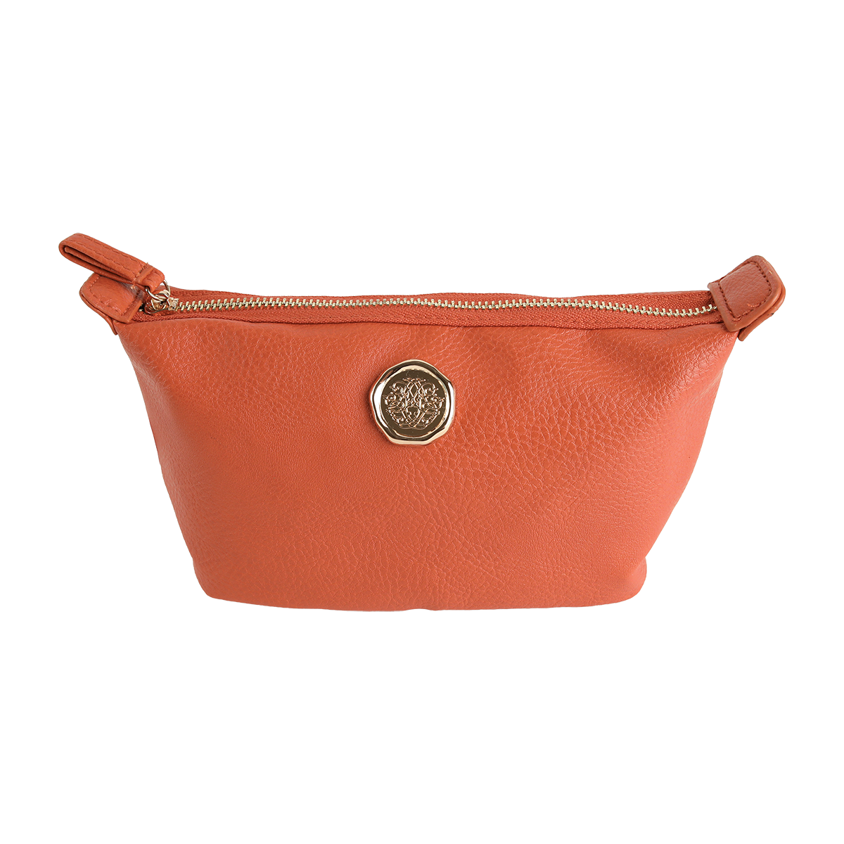 Tangerine Orange Small Cosmetic Bag crafted from premium faux leather, featuring a gold zipper and a central circular gold emblem, photographed against a plain white background. This mini travel makeup bag is both stylish and functional for on-the-go organization.