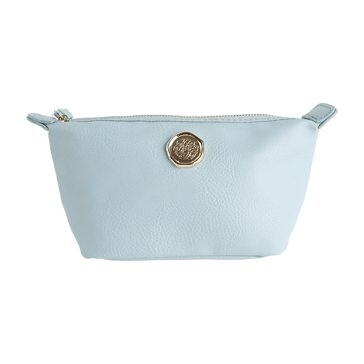 Beach Glass Blue Small Cosmetic Bag featuring a zippered closure, gold circular emblem on the front, and textured faux leather with side tabs—perfect as a travel cosmetic pouch or small makeup bag.