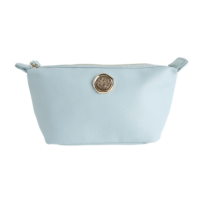 Beach Glass Blue Small Cosmetic Bag featuring a zippered closure, gold circular emblem on the front, and textured faux leather with side tabs—perfect as a travel cosmetic pouch or small makeup bag.