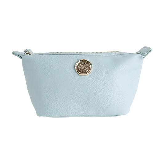 Beach Glass Blue Small Cosmetic Bag featuring a zippered closure, gold circular emblem on the front, and textured faux leather with side tabs—perfect as a travel cosmetic pouch or small makeup bag.