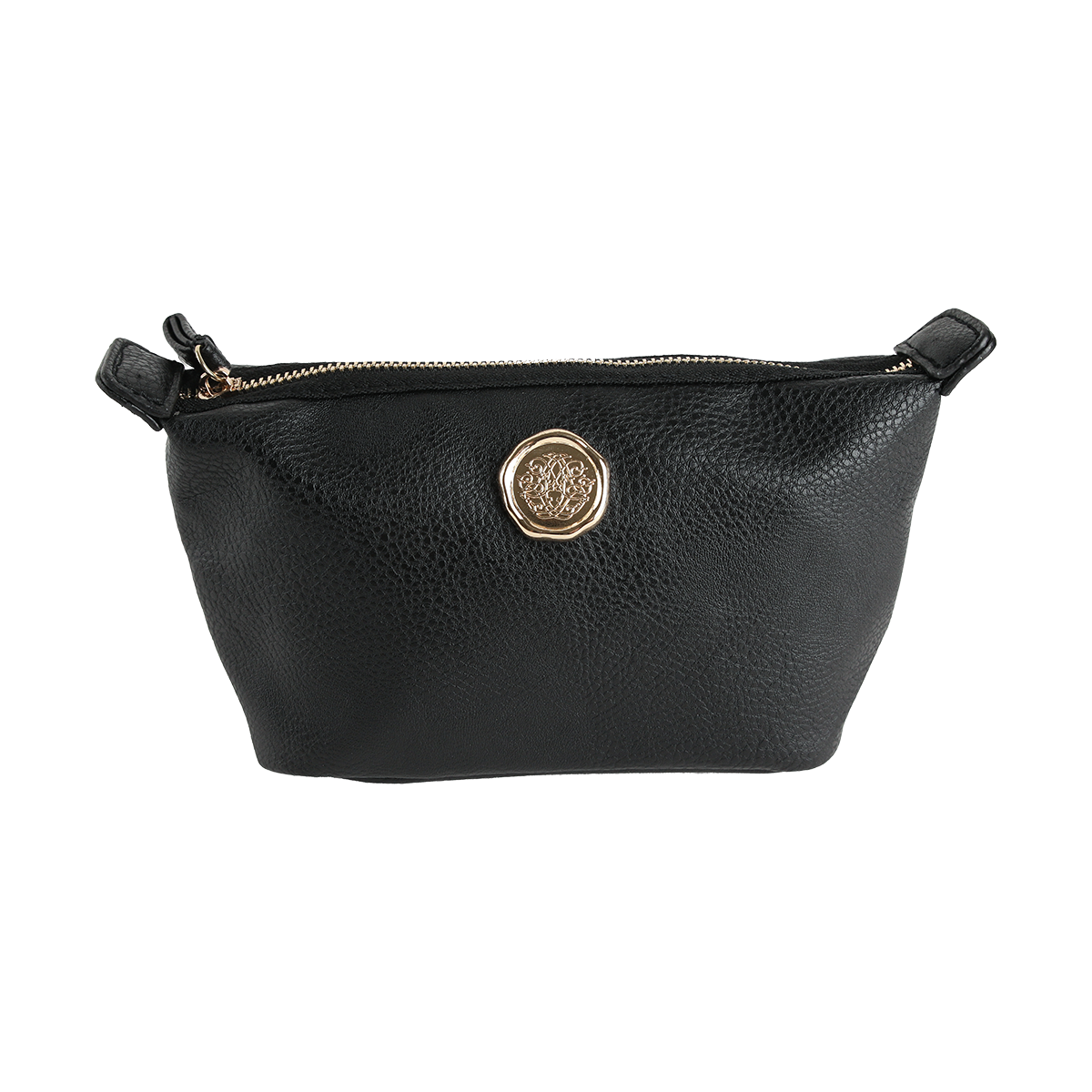 Onyx Black Small Cosmetic Bag made of black faux leather, featuring a gold zipper and a gold circular emblem in the center, displayed against a white background.