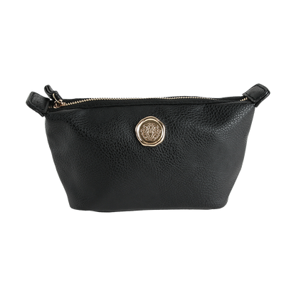 Onyx Black Small Cosmetic Bag made of black faux leather, featuring a gold zipper and a gold circular emblem in the center, displayed against a white background.