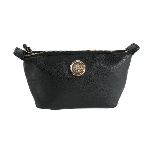 Onyx Black Small Cosmetic Bag made of black faux leather, featuring a gold zipper and a gold circular emblem in the center, displayed against a white background.