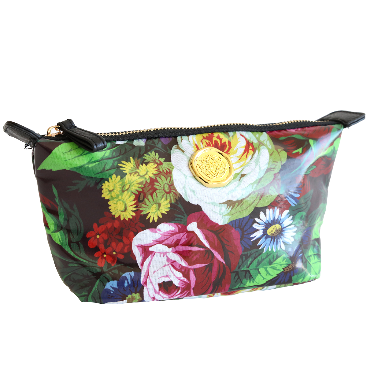 Colorful floral patterned Astrid Small Cosmetic Bag with a zipper and a gold emblem on the side, isolated on a white background.