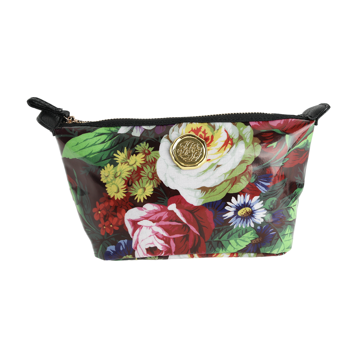 The Astrid Small Cosmetic Bag features a zippered closure, a vibrant botanical floral print, and a gold medallion accent on the front, shown against a white background.