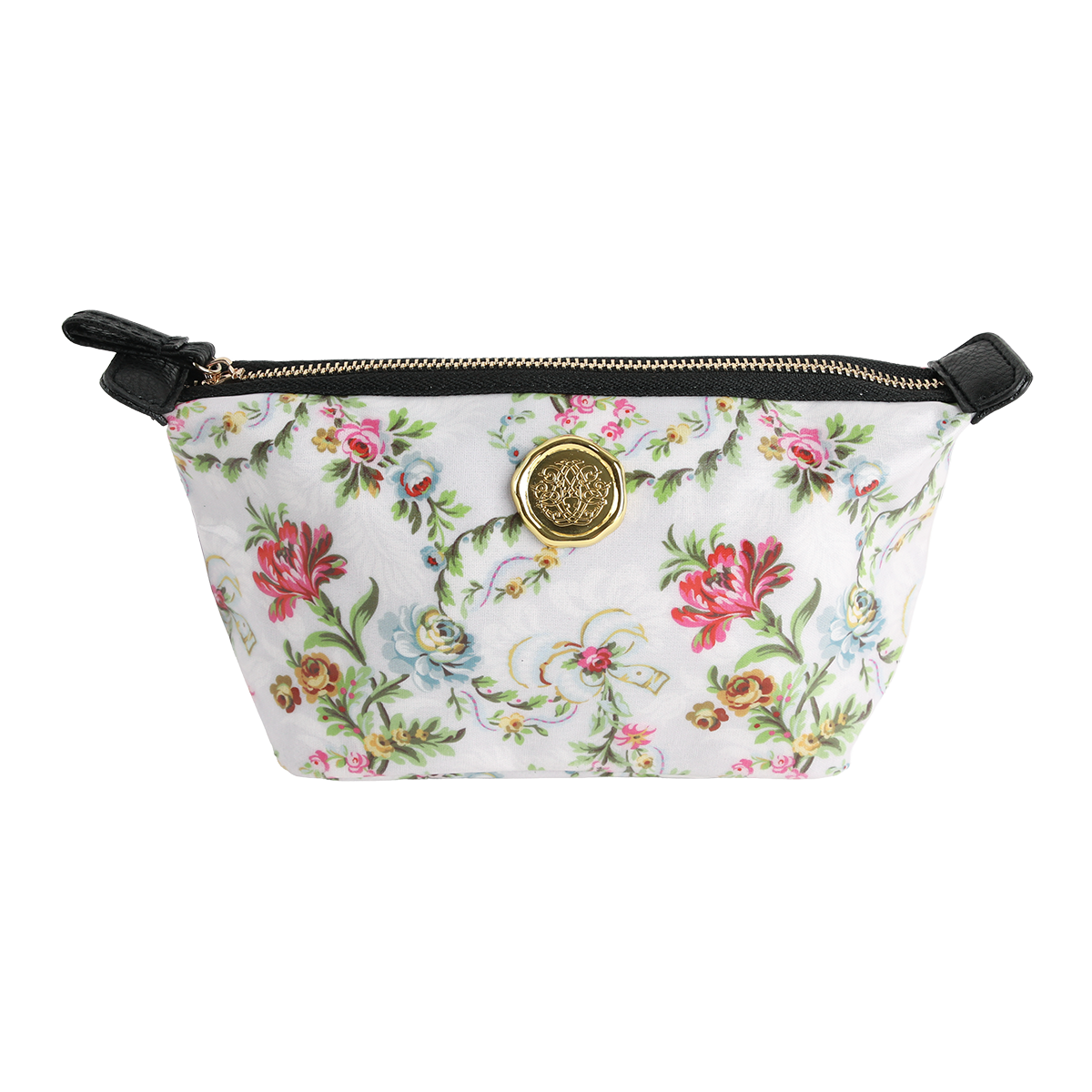 Phoebe Small Cosmetic Bag: This floral-patterned zippered pouch from the Phoebe florals collection features black accents and a gold circular medallion on the front. Crafted from laminated cotton, it offers durability and easy cleaning.