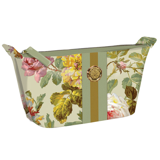 The Francesca Small Cosmetic bag features a floral pattern with pink and yellow roses and green leaves, crafted from durable cotton fabric, and adorned with a gold medallion at its center.