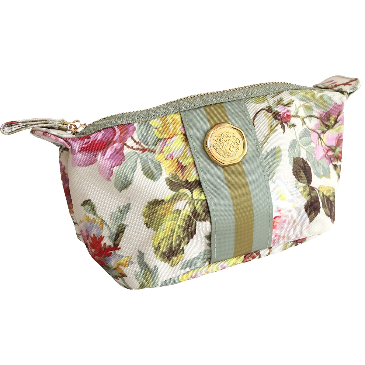 The Francesca Small Cosmetic is a durable cotton bag with a floral pattern, zipper closure, green and gold ribbon accent, and a round gold emblem—ideal for organizing your travel essentials.