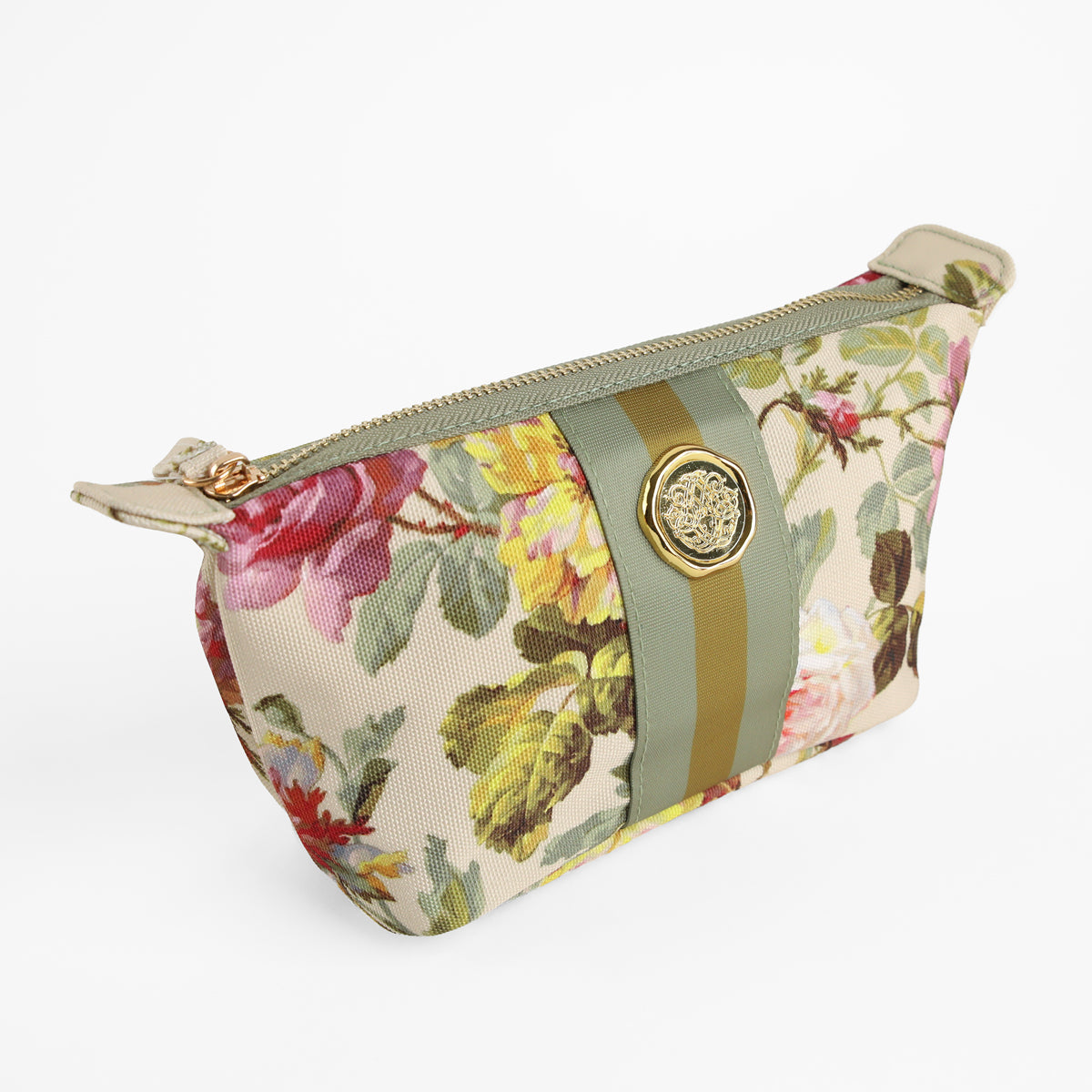 The Francesca Small Cosmetic Bag features a charming botanical print with green and gold vertical stripes, a gold zipper, and a decorative gold medallion on the front—making it the perfect gift for women who appreciate elegance and style.