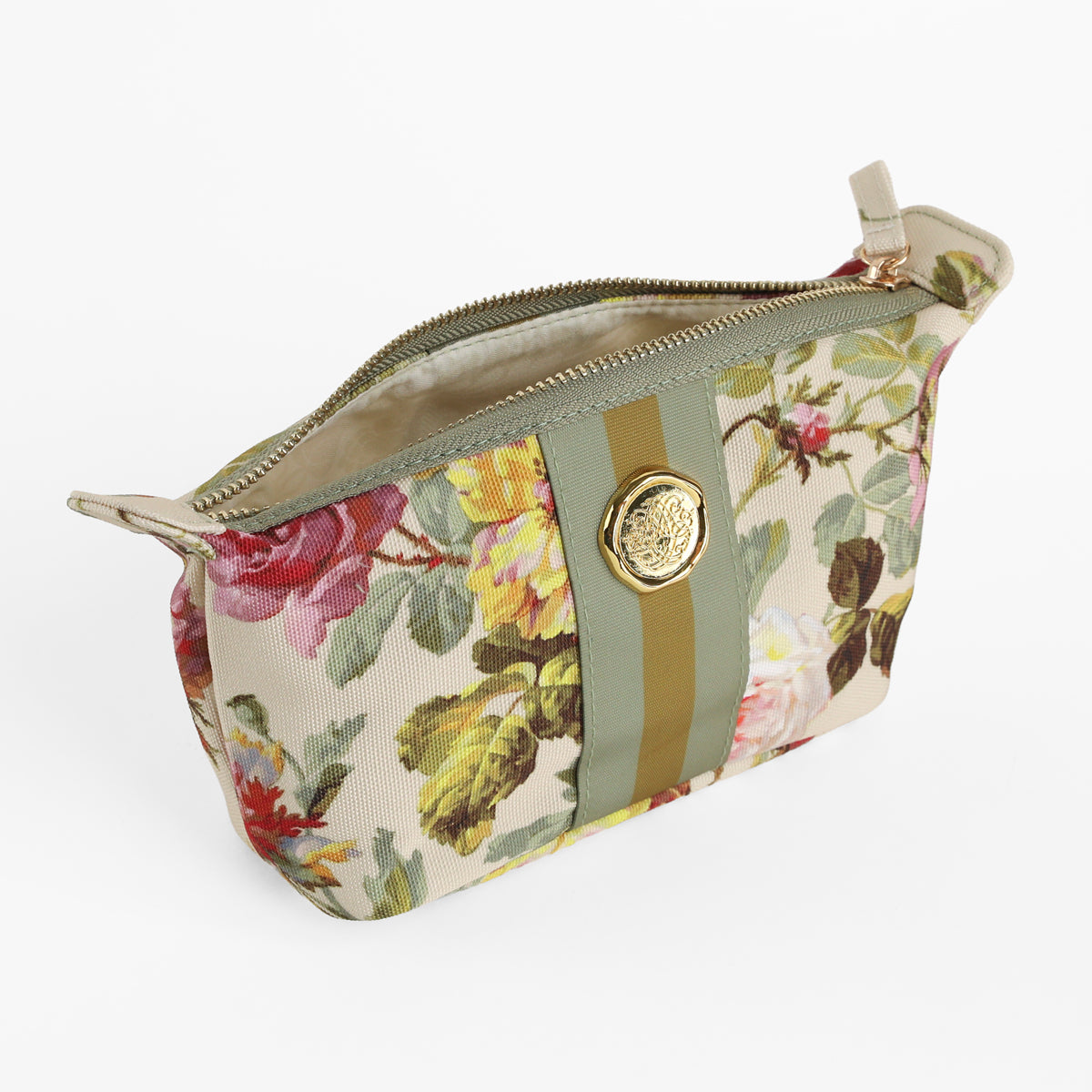 The Francesca Small Cosmetic Bag features a botanical print fabric with a green and gold stripe, gold zipper, and decorative gold emblem—an elegant gift for women—shown on a white background.
