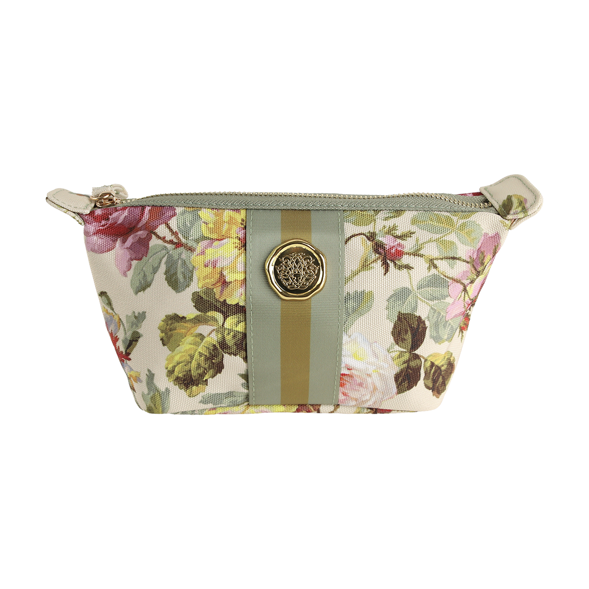 The Francesca Small Cosmetic Bag features a floral-patterned design with a green stripe and a decorative gold emblem at its center, making it an ideal botanical print makeup bag or a thoughtful gift for women, shown against a white background.