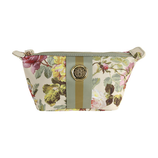 The Francesca Small Cosmetic Bag features a floral-patterned design with a green stripe and a decorative gold emblem at its center, making it an ideal botanical print makeup bag or a thoughtful gift for women, shown against a white background.