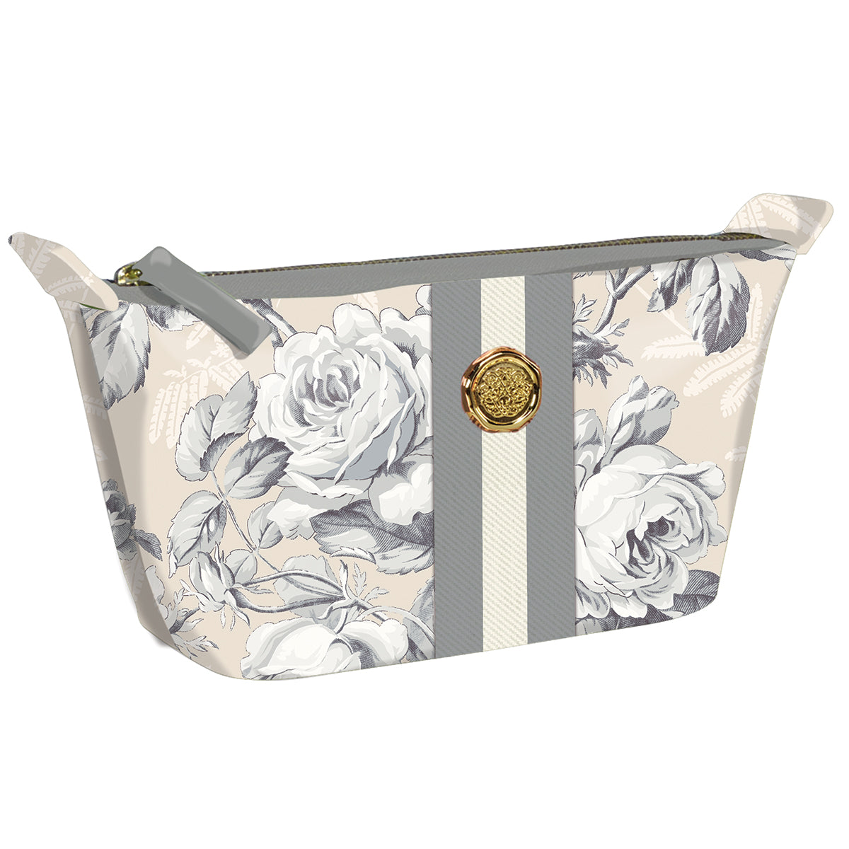 The Faded Rose Small Cosmetic bag is crafted from durable fabric featuring gray roses, vertical stripes, and a gold emblem. It's an ideal travel solution for keeping essentials organized and stylish.