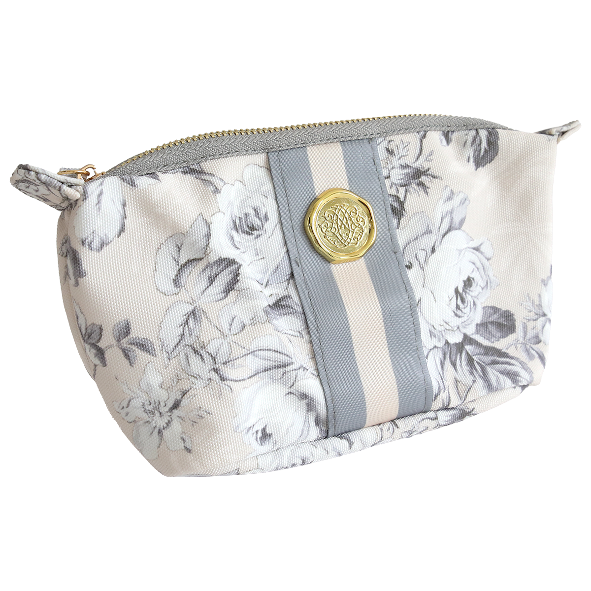 The Faded Rose Small Cosmetic is a durable cotton pouch with a floral pattern, gray and beige vertical stripe, gold front emblem, and zipper—ideal for storing travel essentials.