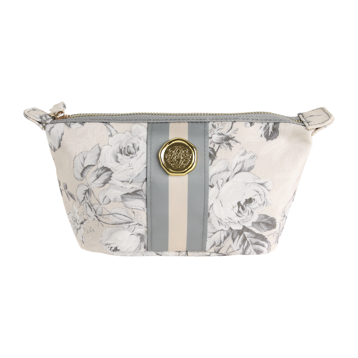 Introducing the Faded Rose Small Cosmetic Bag—a stylish zippered pouch showcasing a gray and white floral pattern, accented with vertical gray and beige stripes and finished with a gold medallion detail on the front. Perfect as a chic cosmetic pouch or a convenient travel bag.