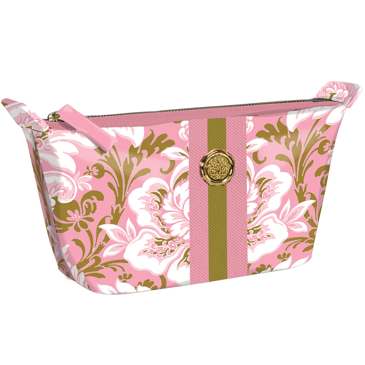 The Pink Damask Small Cosmetic Bag is a pink and green floral bag with a zipper, central gold emblem, horizontal stripes, and durable cotton fabric—a perfect travel solution.