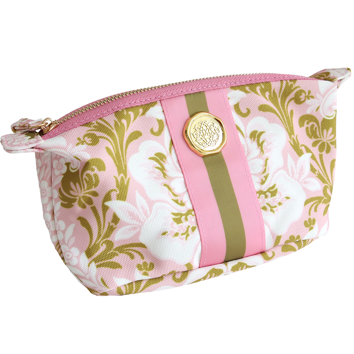 The Pink Damask Small Cosmetic is a durable cotton zippered pouch with a pink and green floral pattern, gold emblem, central olive stripe, and pink ribbon—ideal for organizing your travel essentials.