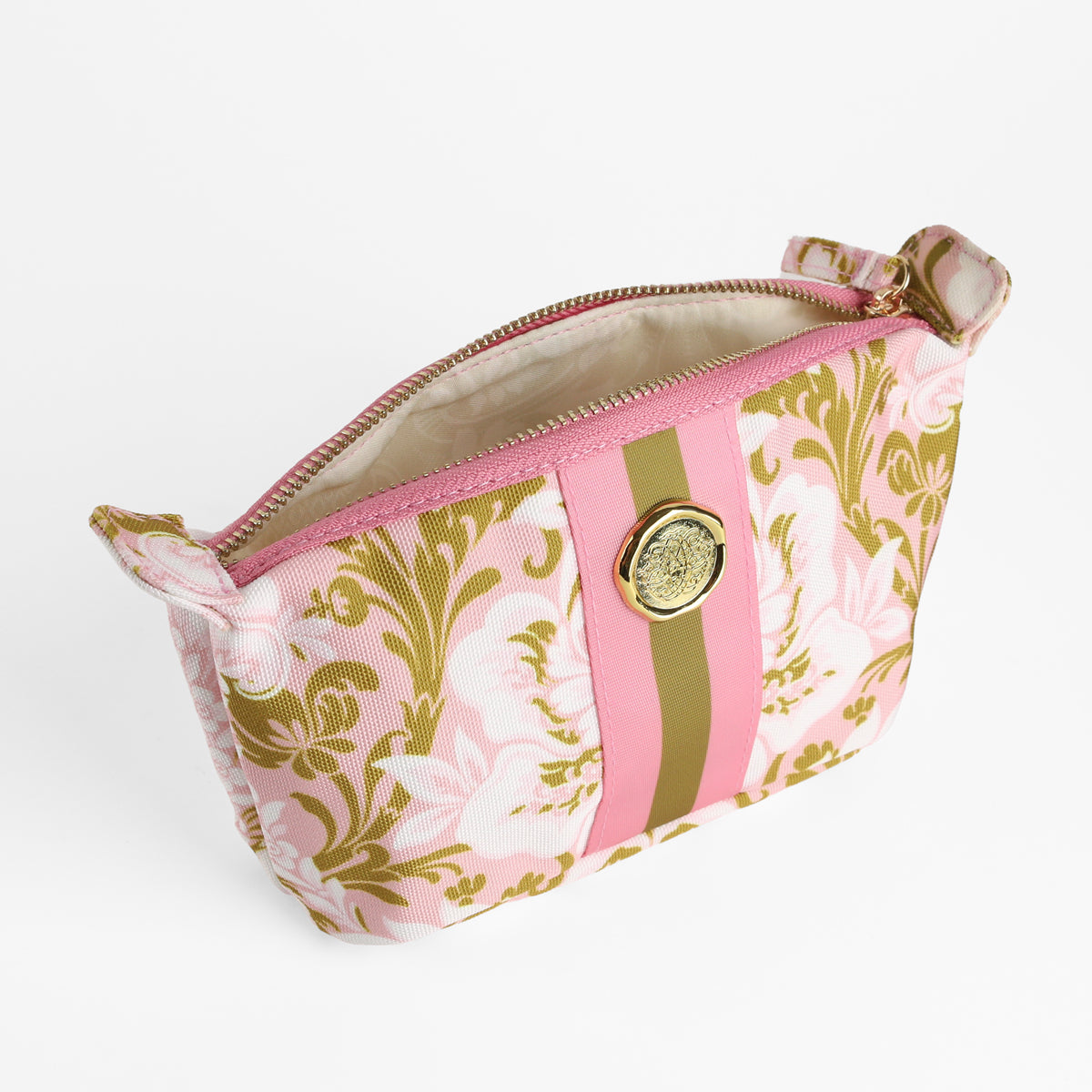 A Pink Damask Small Cosmetic Bag featuring a pink and gold floral design, a central gold button, and a pink stripe, displayed on a white background.