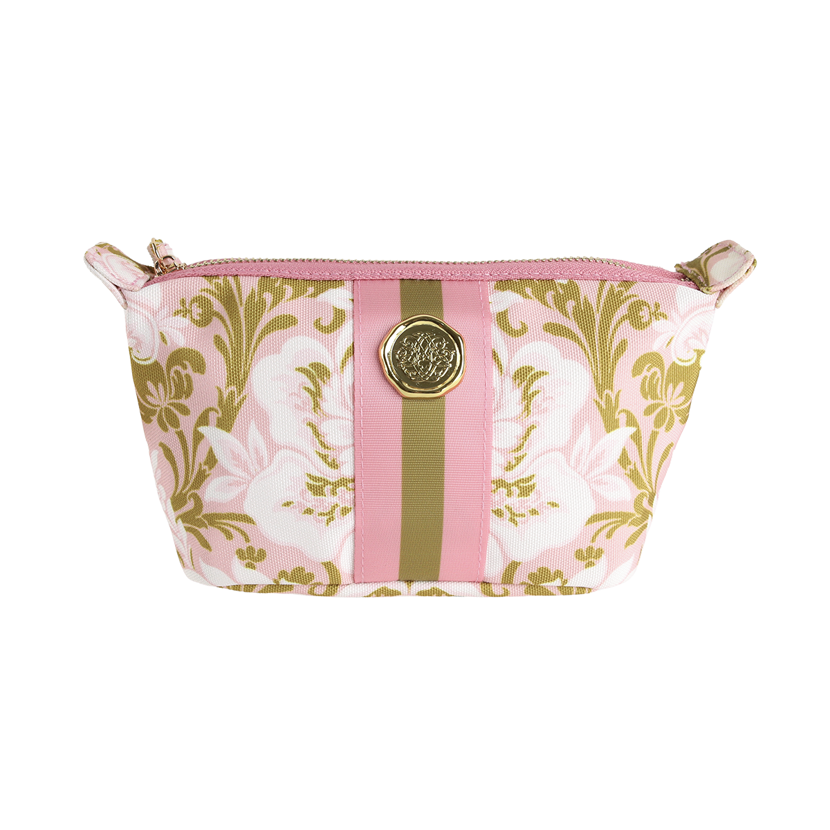 The Pink Damask Small Cosmetic Bag features a zippered closure, a pink and gold floral pattern with central pink and gold stripes, and a round gold emblem on the front. This stylish makeup bag is perfect for keeping your everyday essentials organized.
