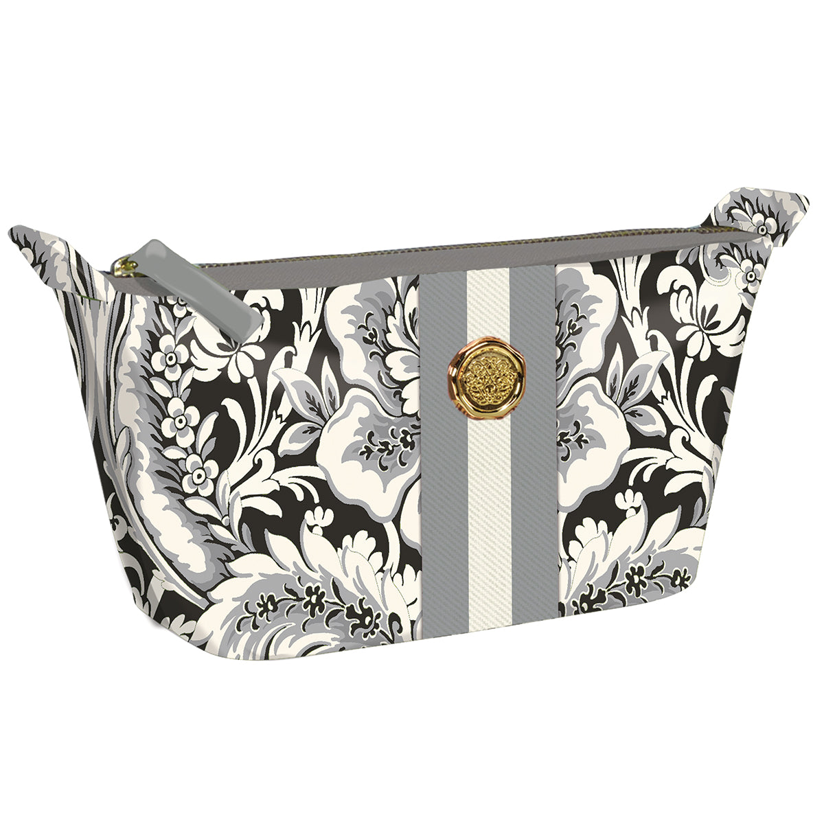 The Damask Noire Small Cosmetic bag boasts a black and white floral pattern, gray stripes, and a front emblem. Made from durable cotton fabric, it's the perfect travel companion.