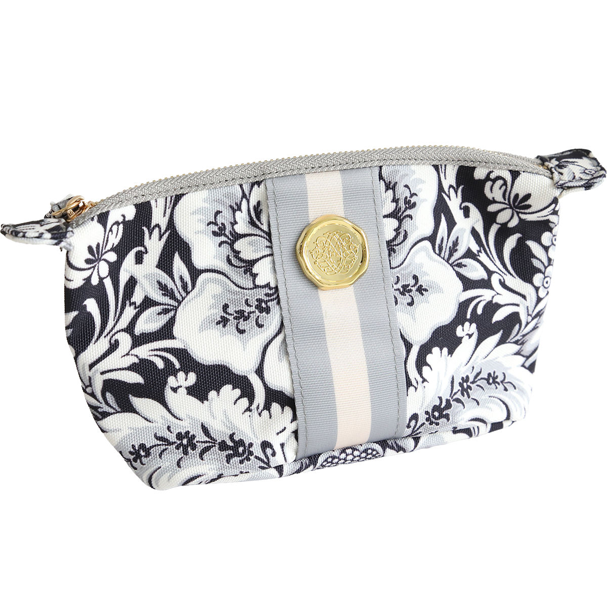 The Damask Noire Small Cosmetic is a durable cotton bag with a black and white floral pattern, two vertical gray and beige stripes, and a central gold emblem—ideal for travel.