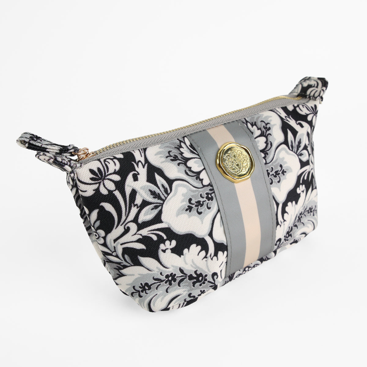 The Damask Noire Small Cosmetic Bag features a black and white floral design with a gray and beige stripe and a gold medallion accent on the front, beautifully displayed against a white background—this elegant zippered pouch doubles as a chic black damask makeup bag, making it an ideal sophisticated gift for any occasion.