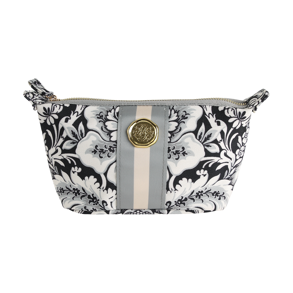 Introducing the Damask Noire Small Cosmetic Bag—a compact travel pouch adorned with a black and white damask floral pattern, complemented by chic gray and beige vertical stripe accents and a central gold button detail. This elegant makeup bag is perfect for keeping your essentials organized on the go or for gifting to someone special.