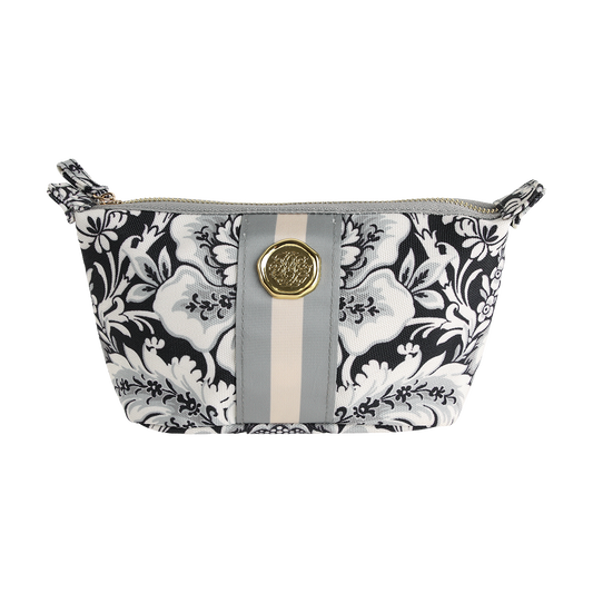 Introducing the Damask Noire Small Cosmetic Bag—a compact travel pouch adorned with a black and white damask floral pattern, complemented by chic gray and beige vertical stripe accents and a central gold button detail. This elegant makeup bag is perfect for keeping your essentials organized on the go or for gifting to someone special.