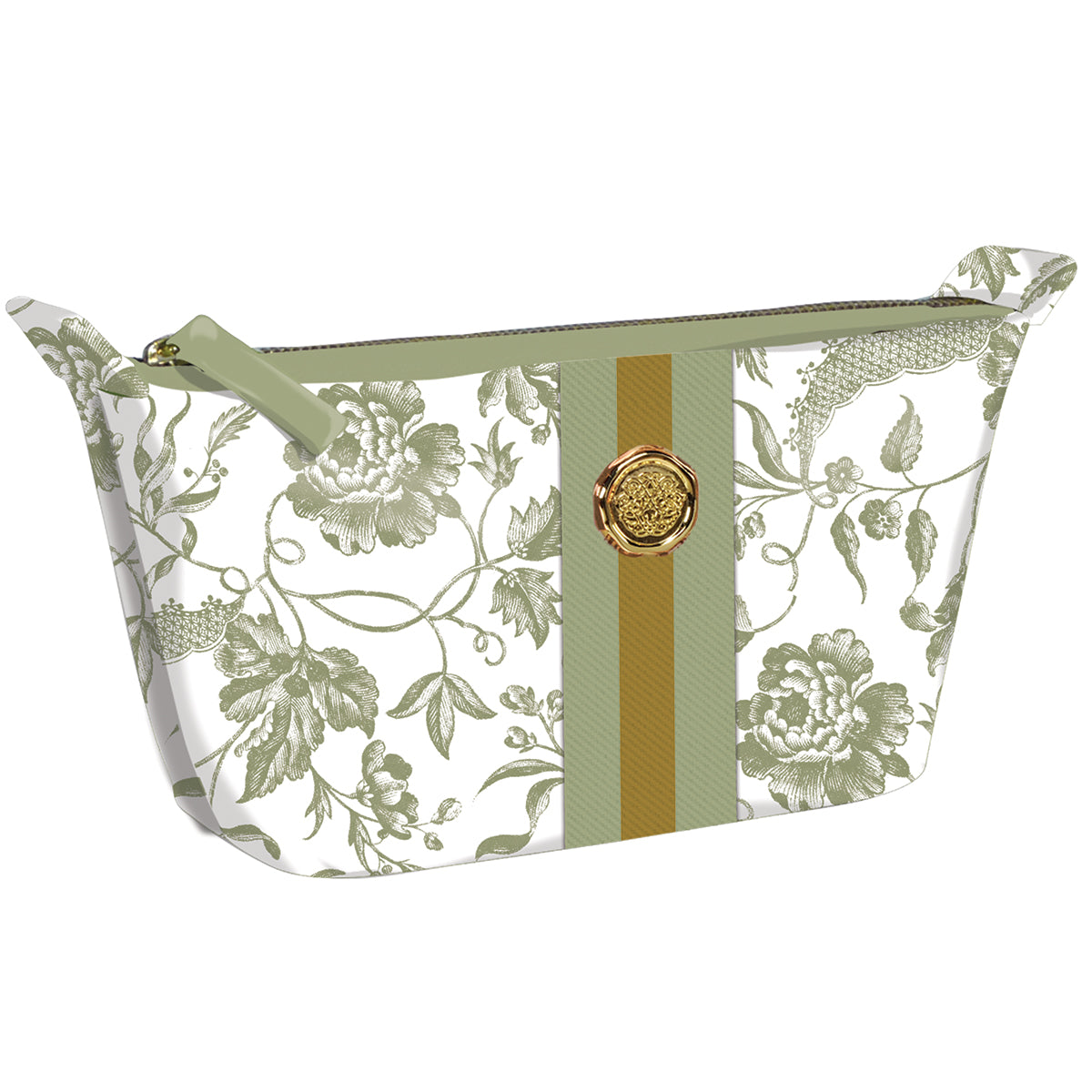 The Green Climbing Rose Small Cosmetic bag boasts a floral design made from durable cotton, highlighted by green and gold stripes and a gold-colored side emblem, perfect for travel.